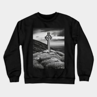 Tall Celtic Cross on the hills of Ireland on a cloudy day in black and white. Crewneck Sweatshirt